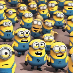 A chaotic scene where the minions from Despicable Me are scared and running, screaming and freaked out