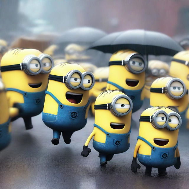 A chaotic scene where the minions from Despicable Me are scared and running, screaming and freaked out while it's raining