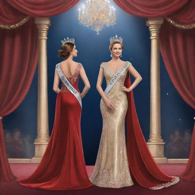 A detailed 2D illustration of a pageant-winning king and queen standing back-to-back on a glamorous stage. Their regal attire and confident poses radiate their victory, all under the adoring gaze of the audience.