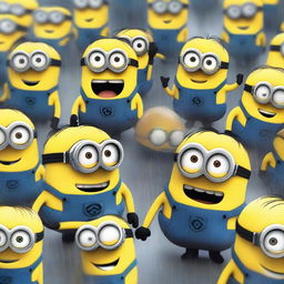 A chaotic scene where the minions from Despicable Me are scared and running, screaming and freaked out while it's raining