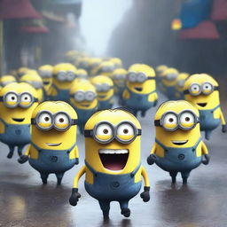 A chaotic scene where the minions from Despicable Me are scared and running, screaming and freaked out while it's raining