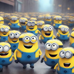 A chaotic scene where the minions from Despicable Me are scared and running, screaming and freaked out while it's raining