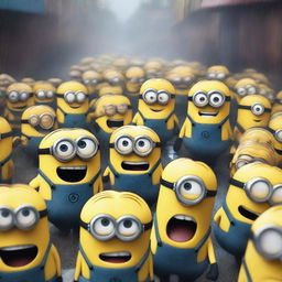 A chaotic scene where the minions from Despicable Me are scared and running, screaming and freaked out while it's raining