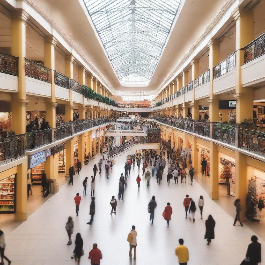 A bustling shopping mall filled with people walking around, shopping, and enjoying their day