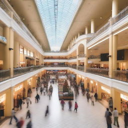 A bustling shopping mall filled with people walking around, shopping, and enjoying their day