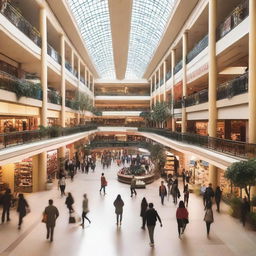 A bustling shopping mall filled with people walking around, shopping, and enjoying their day