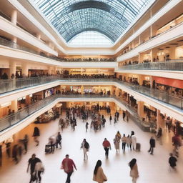 A bustling shopping mall filled with people walking around, shopping, and enjoying their day
