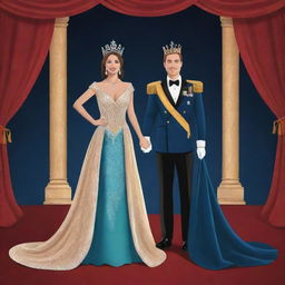 A detailed 2D illustration of a pageant-winning king and queen standing back-to-back on a glamorous stage. Their regal attire and confident poses radiate their victory, all under the adoring gaze of the audience.