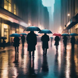 A bustling cityscape during a heavy rainstorm