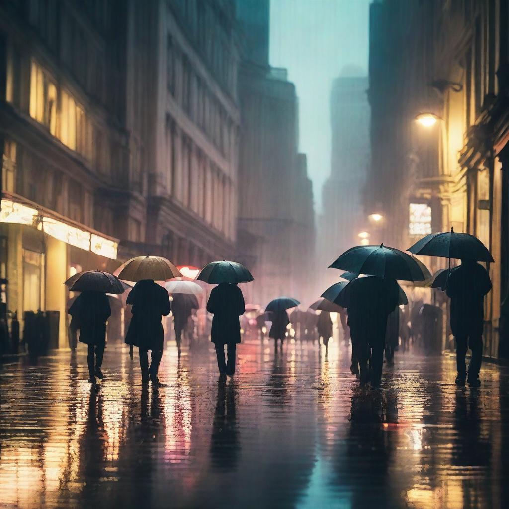 A bustling cityscape during a heavy rainstorm