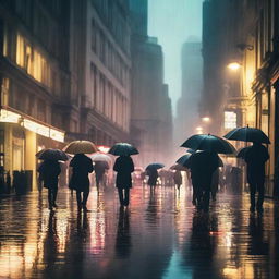 A bustling cityscape during a heavy rainstorm