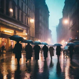 A bustling cityscape during a heavy rainstorm