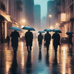 A bustling cityscape during a heavy rainstorm