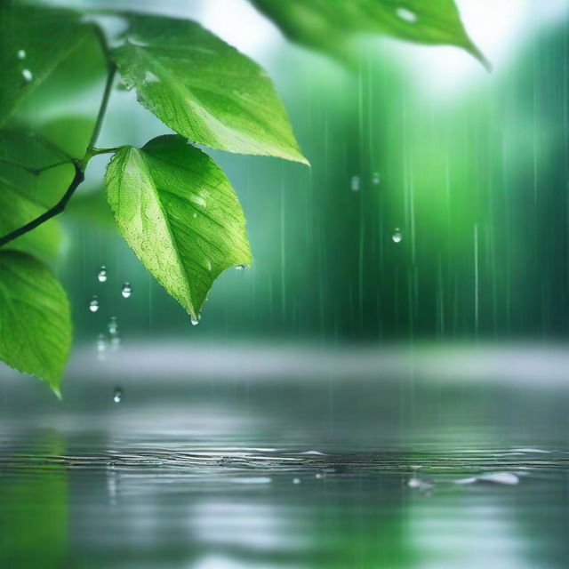 A serene scene of a rainy day, with raindrops gently falling from the sky