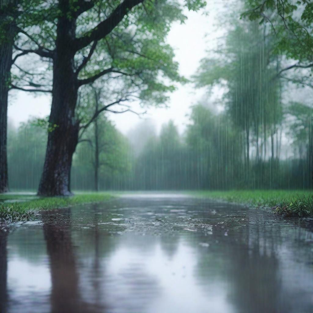 A tranquil scene of a rainy day, with raindrops falling gently from the sky