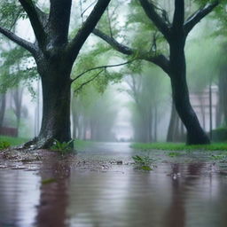 A tranquil scene of a rainy day, with raindrops falling gently from the sky