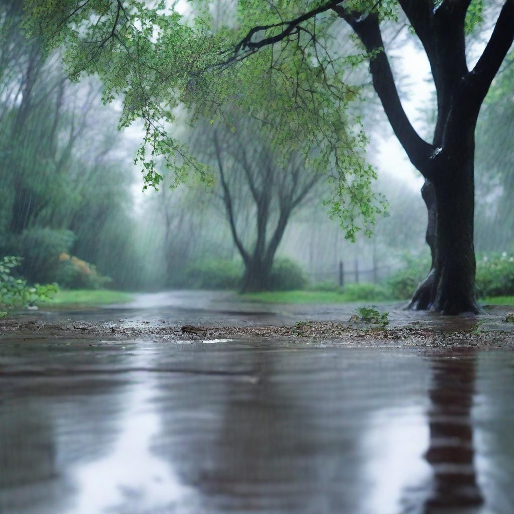 A tranquil scene of a rainy day, with raindrops falling gently from the sky