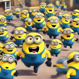 A chaotic scene featuring Minions running and screaming in fear