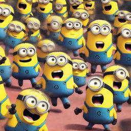 A chaotic scene featuring Minions running and screaming in fear