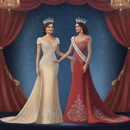 A detailed 2D illustration of a pageant-winning king and queen standing back-to-back on a glamorous stage. Their regal attire and confident poses radiate their victory, all under the adoring gaze of the audience.