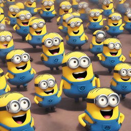 A chaotic scene featuring Minions running and screaming in fear