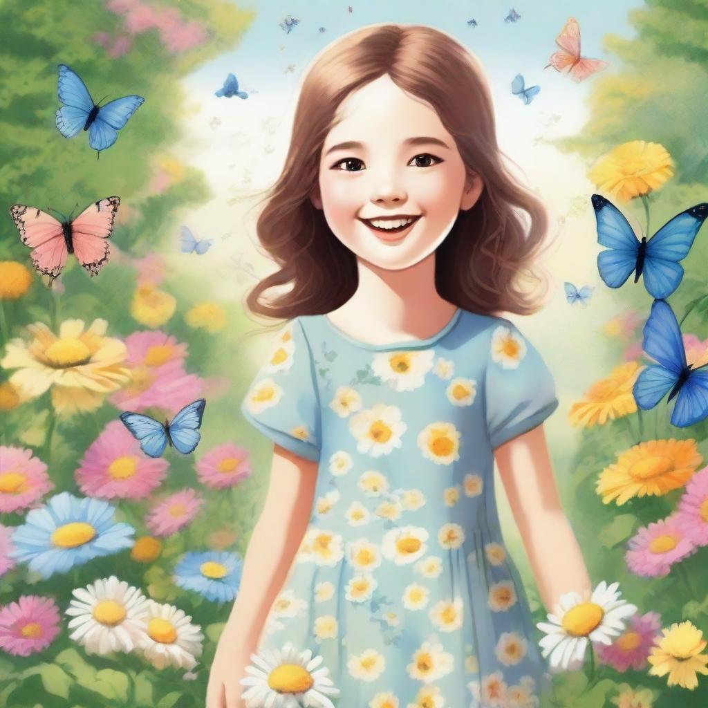 A detailed illustration of a young girl with a cheerful expression, standing in a beautiful garden filled with blooming flowers and butterflies