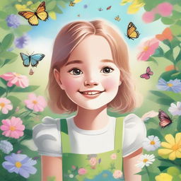 A detailed illustration of a young girl with a cheerful expression, standing in a beautiful garden filled with blooming flowers and butterflies