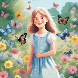 A detailed illustration of a young girl with a cheerful expression, standing in a beautiful garden filled with blooming flowers and butterflies