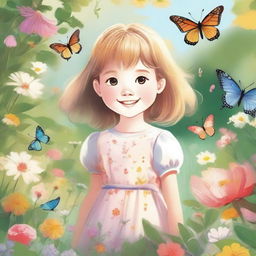 A detailed illustration of a young girl with a cheerful expression, standing in a beautiful garden filled with blooming flowers and butterflies