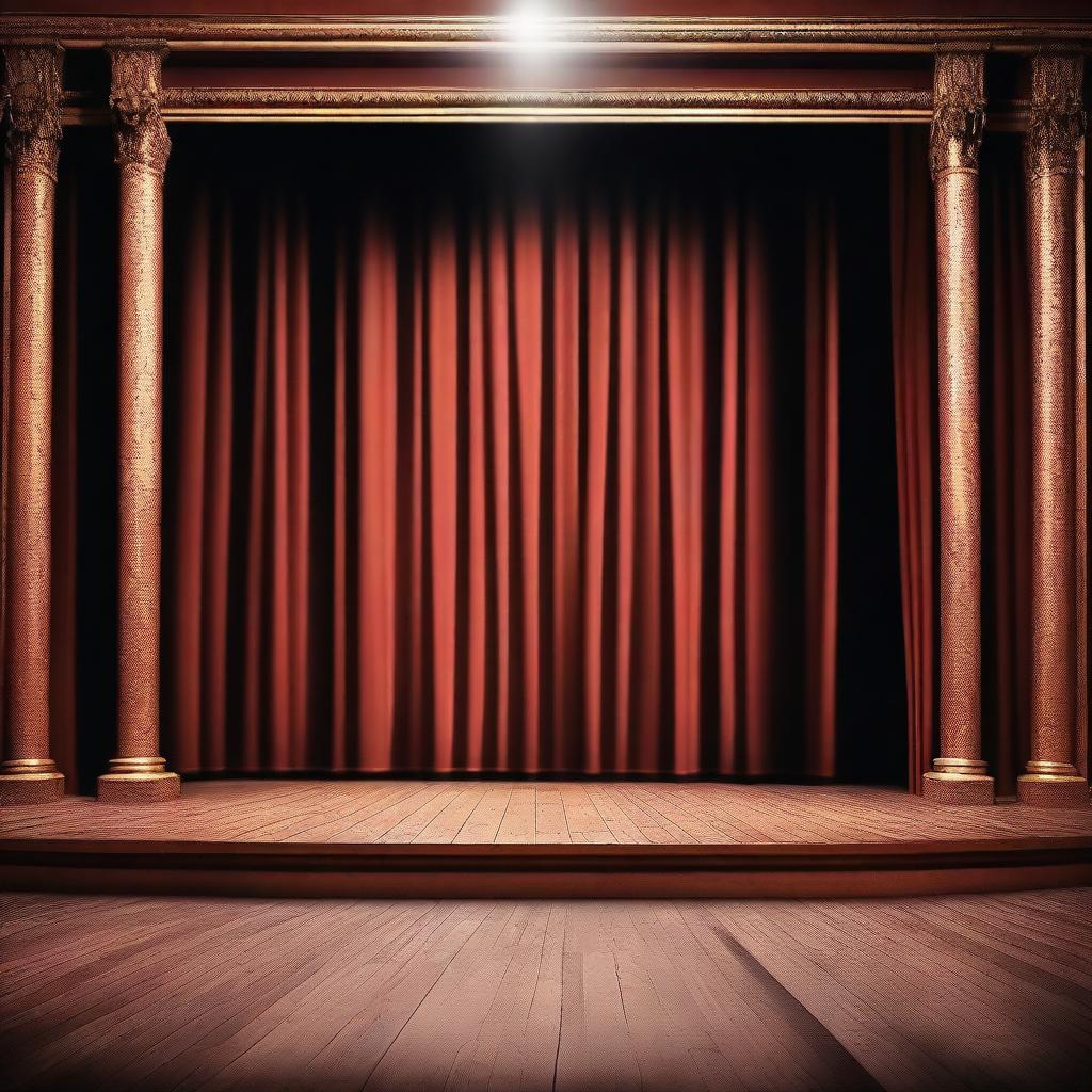 An empty stage with a spotlight shining down, wooden floorboards, and a dark red curtain in the background