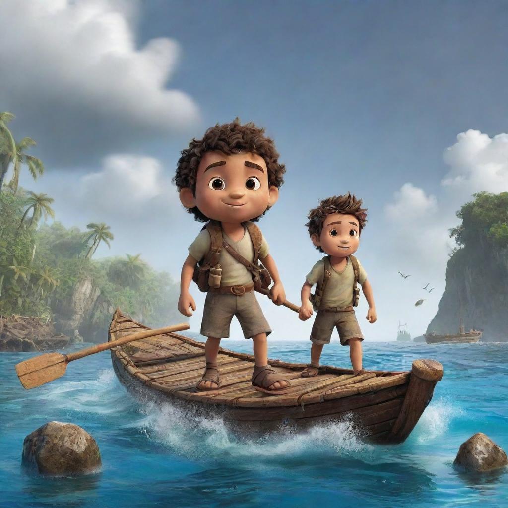 Capture Oliver embarking on an adventurous journey on a makeshift raft, sailing through storms and calm seas. Illustrate uncharted islands and unknown creatures he encountered during his voyage