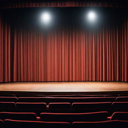 An empty stage with a spotlight shining down, wooden floorboards, and a dark red curtain in the background