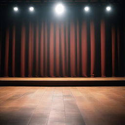 An empty stage with a spotlight shining down, wooden floorboards, and a dark red curtain in the background