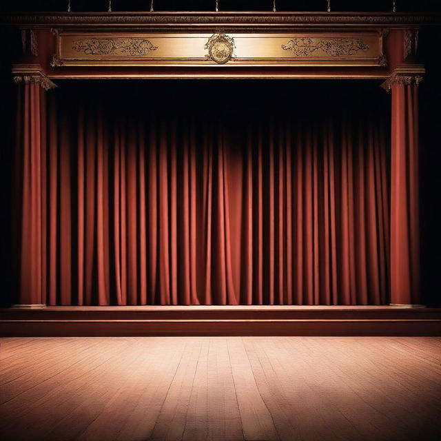 An empty stage with a spotlight shining down, wooden floorboards, and a dark red curtain in the background