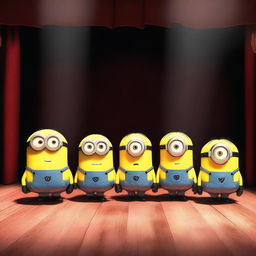 A group of Minions from the Despicable Me series standing in front of an empty stage