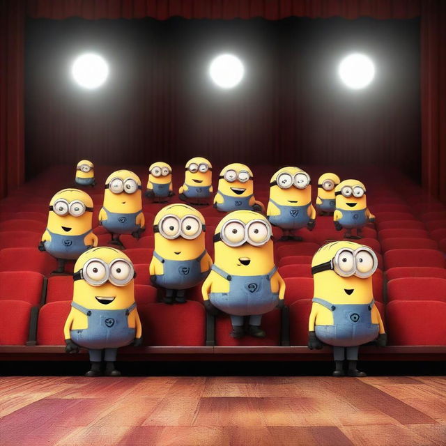 All the Minions from the Despicable Me series sitting in rows of theater seats, looking at an empty stage