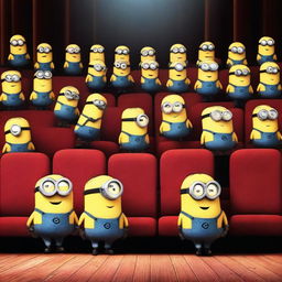 All the Minions from the Despicable Me series sitting in rows of theater seats, looking at an empty stage