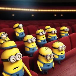 All the Minions from the Despicable Me series sitting in rows of theater seats, looking at an empty stage