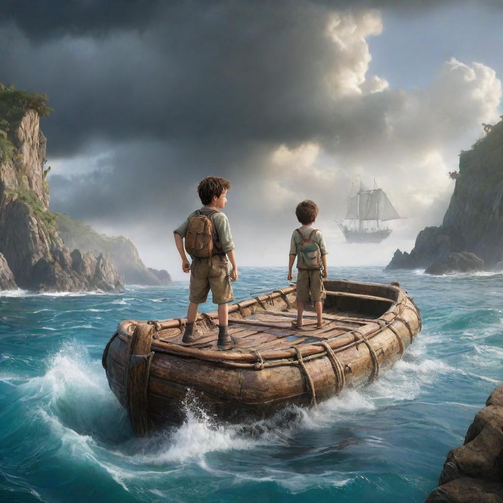 Capture Oliver embarking on an adventurous journey on a makeshift raft, sailing through storms and calm seas. Illustrate uncharted islands and unknown creatures he encountered during his voyage