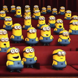 All the Minions from the Despicable Me series sitting in rows of theater seats, looking at an empty stage