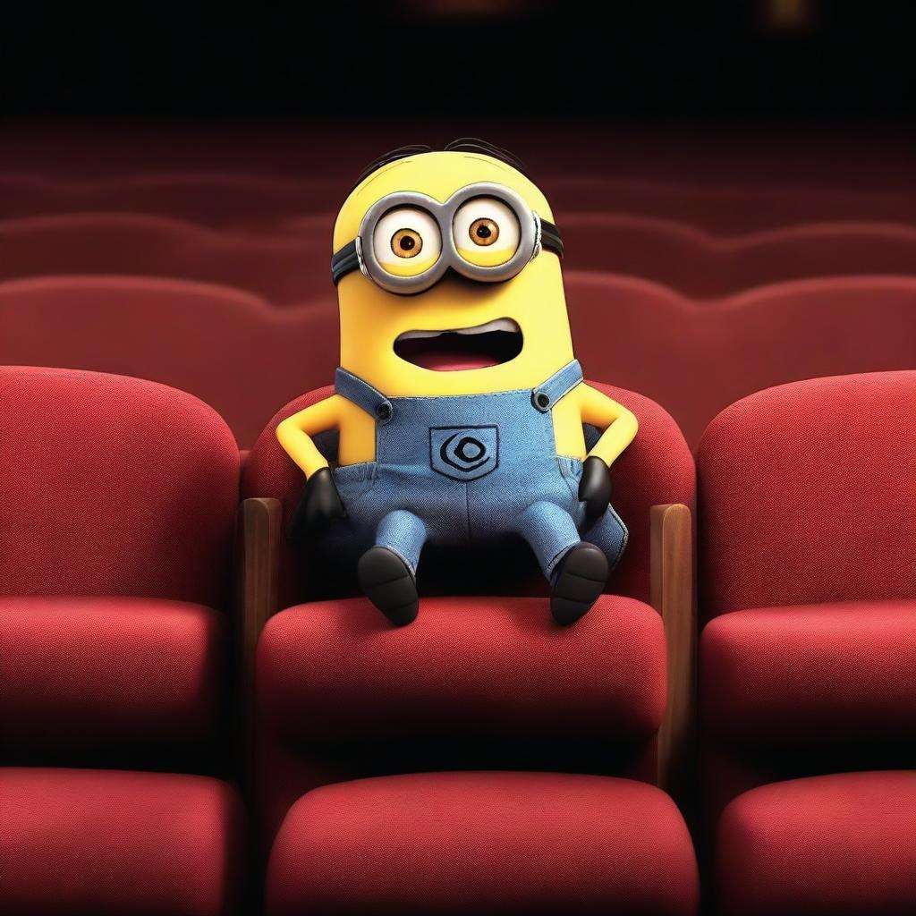 A single Minion from the Despicable Me series sitting in a theater seat, facing the opposite direction of the stage