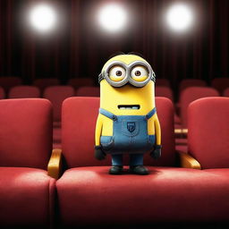 A single Minion from the Despicable Me series sitting in a theater seat, facing the opposite direction of the stage