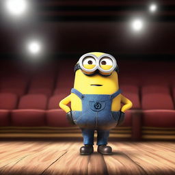 A single Minion from the Despicable Me series sitting in a theater seat, facing the opposite direction of the stage