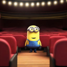 A single Minion from the Despicable Me series sitting in a theater seat, facing the opposite direction of the stage