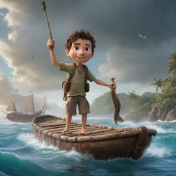 Capture Oliver embarking on an adventurous journey on a makeshift raft, sailing through storms and calm seas. Illustrate uncharted islands and unknown creatures he encountered during his voyage