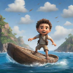 Capture Oliver embarking on an adventurous journey on a makeshift raft, sailing through storms and calm seas. Illustrate uncharted islands and unknown creatures he encountered during his voyage