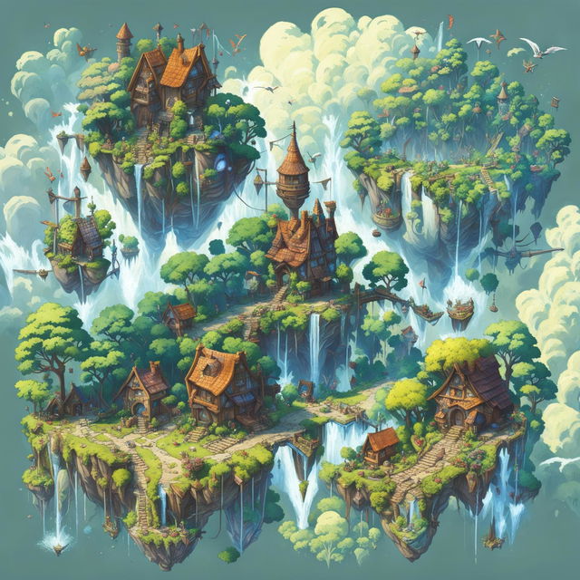 A high-quality image of a floating island covered in a lush forest with a small village on its edge, set in a Dungeons and Dragons style