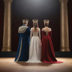 A 3D rendering of a king and queen standing back-to-back on a grand stage. They exhibit regal attire and crowns, their backs creating the image of supreme royalty under the spotlight.