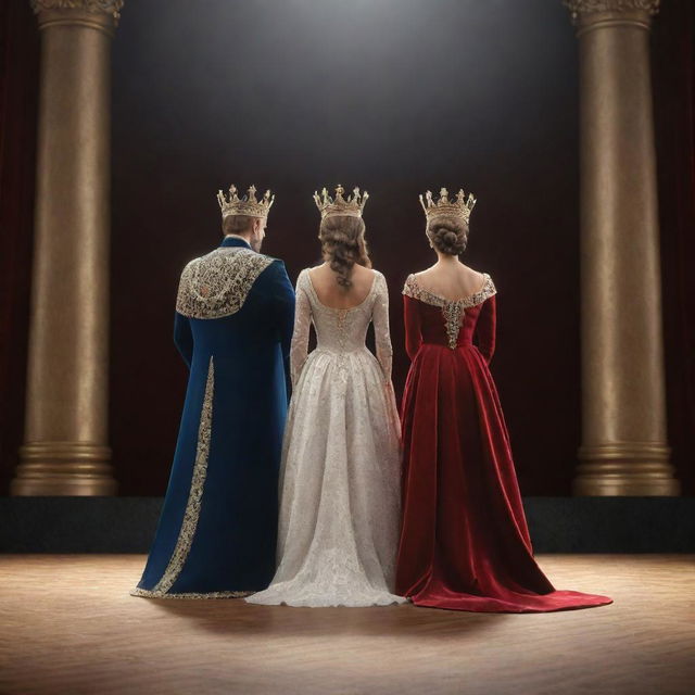 A 3D rendering of a king and queen standing back-to-back on a grand stage. They exhibit regal attire and crowns, their backs creating the image of supreme royalty under the spotlight.