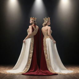 A 3D rendering of a king and queen standing back-to-back on a grand stage. They exhibit regal attire and crowns, their backs creating the image of supreme royalty under the spotlight.